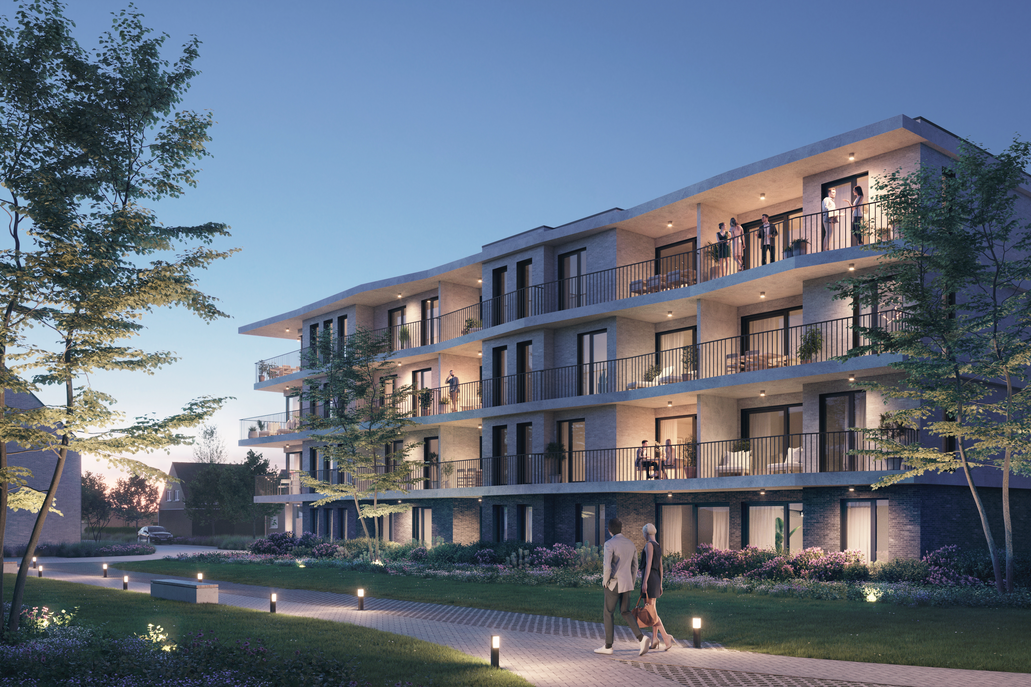 Avondzicht Parktuin van nieuwbouwproject Neerhof in de Neerstraat in Oud-Turnhout