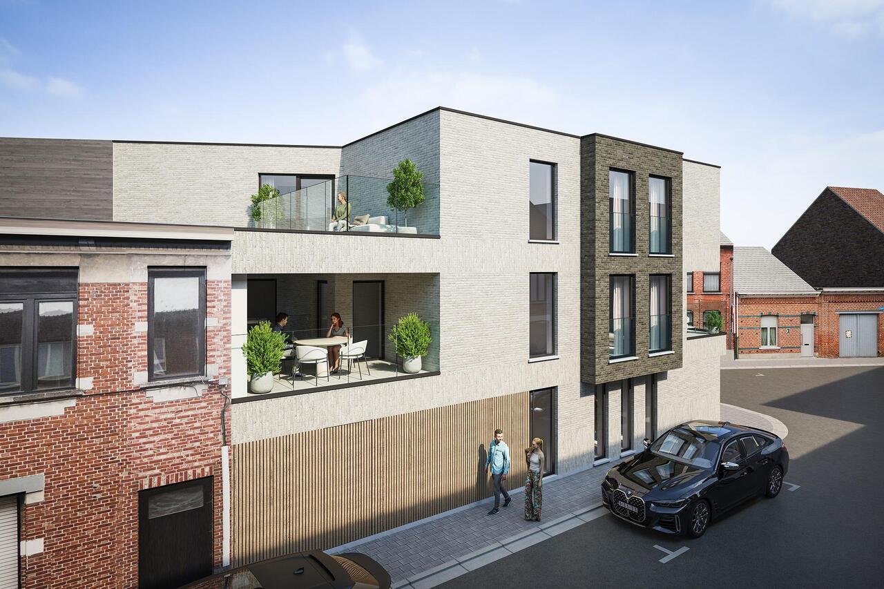 Zijgevel met ingang van het nieuwbouwproject Residentie Hoekzicht gelegen te Korte Mermansstraat in Turnhout