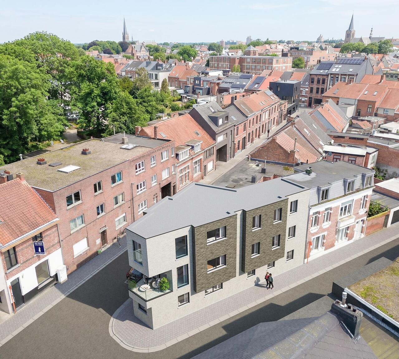 Bovenaanzicht van de inplanting van het nieuwbouwproject Residentie Hoekzicht in de Korte Mermansstraat in Turnhout