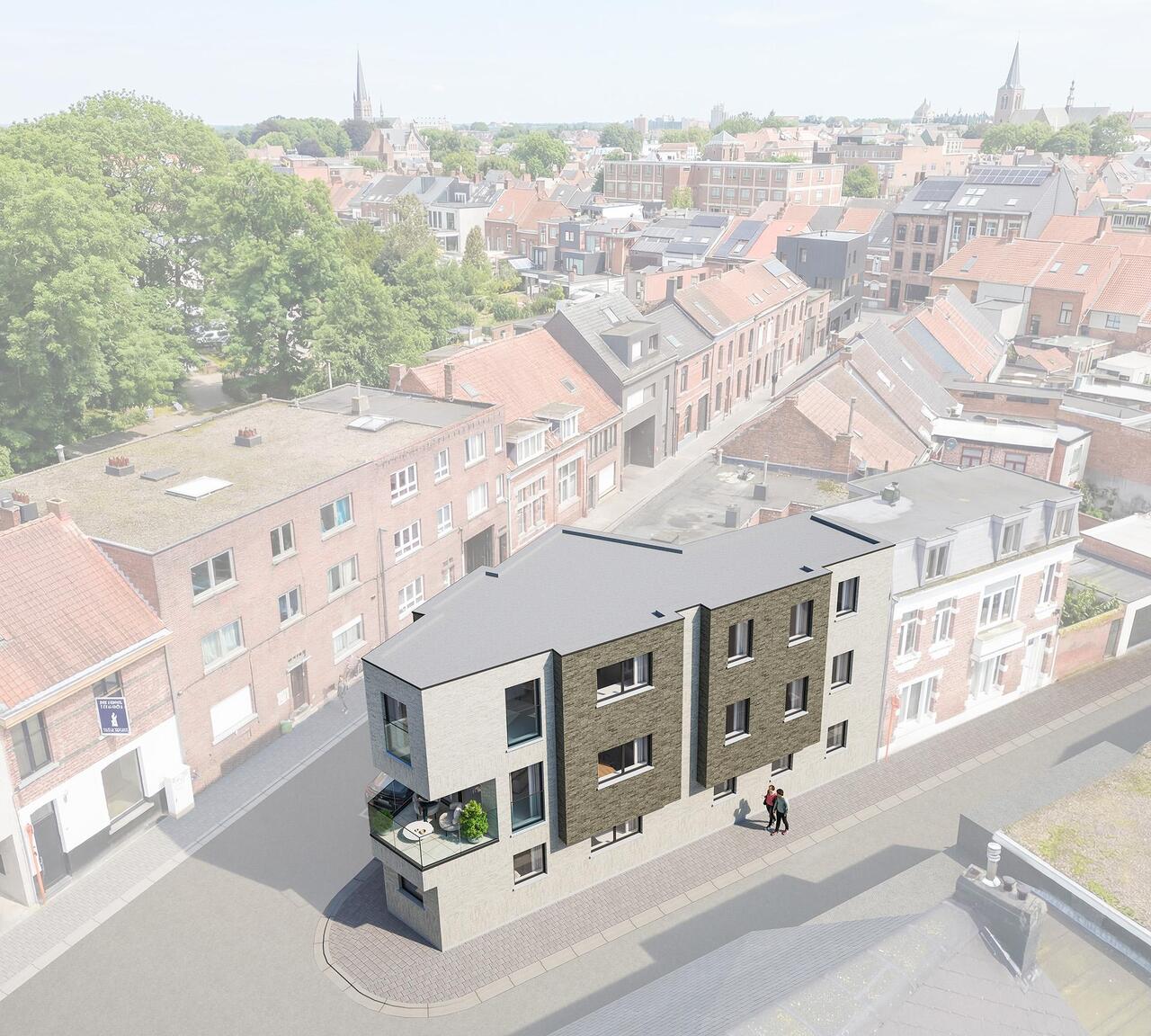 Inplantingsbeeld van het nieuwbouwproject Residentie Hoekzicht in de Korte Mermansstraat te Turnhout met zicht op de witte en bruine gevelsteen