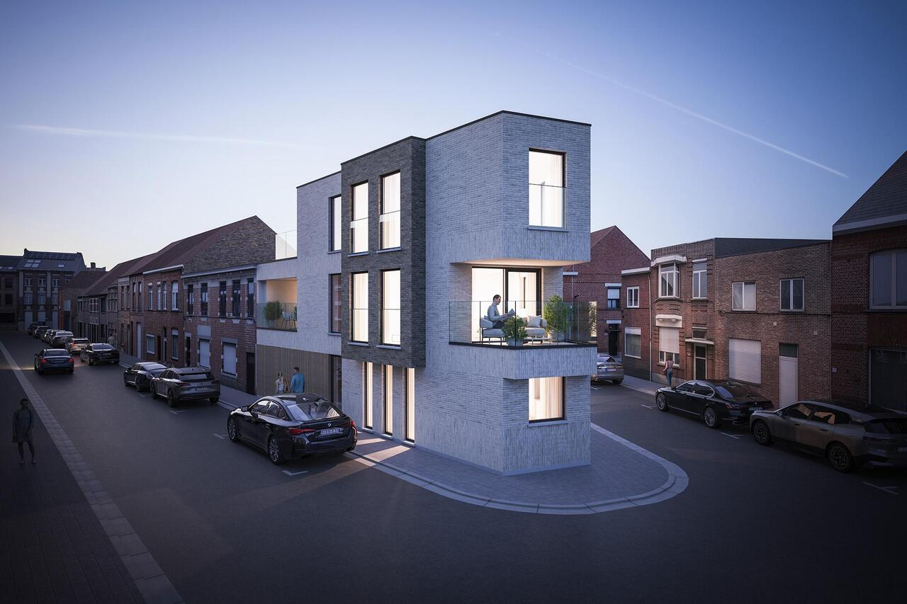 Nachtbeeld van de voorgevel en zijgevel van het nieuwbouwproject Residentie Hoekzicht te Korte Mermansstraat in Turnhout