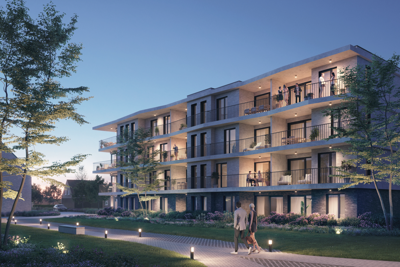 Avondzicht Parktuin van nieuwbouwproject Neerhof in de Neerstraat in Oud-Turnhout