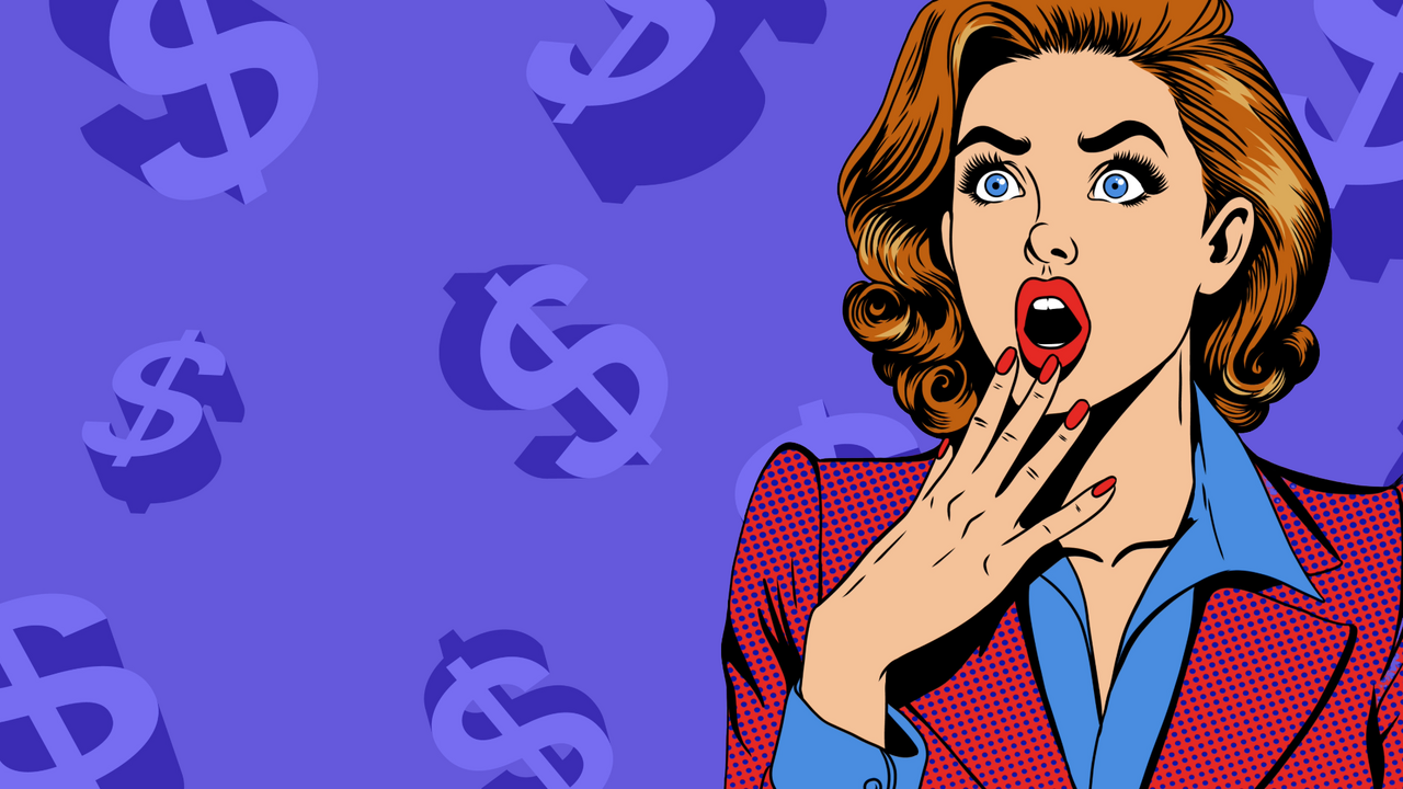 geschrokken vrouw voor achtergrond met dollartekens 