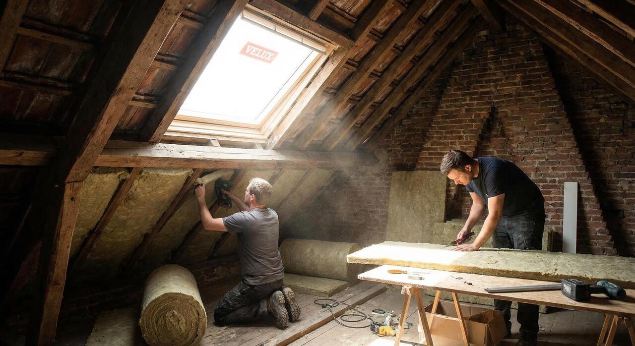 twee werkmannen die de zolder aan het isoleren zijn