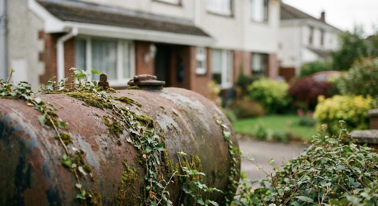 oude stookolietank in voortuin 