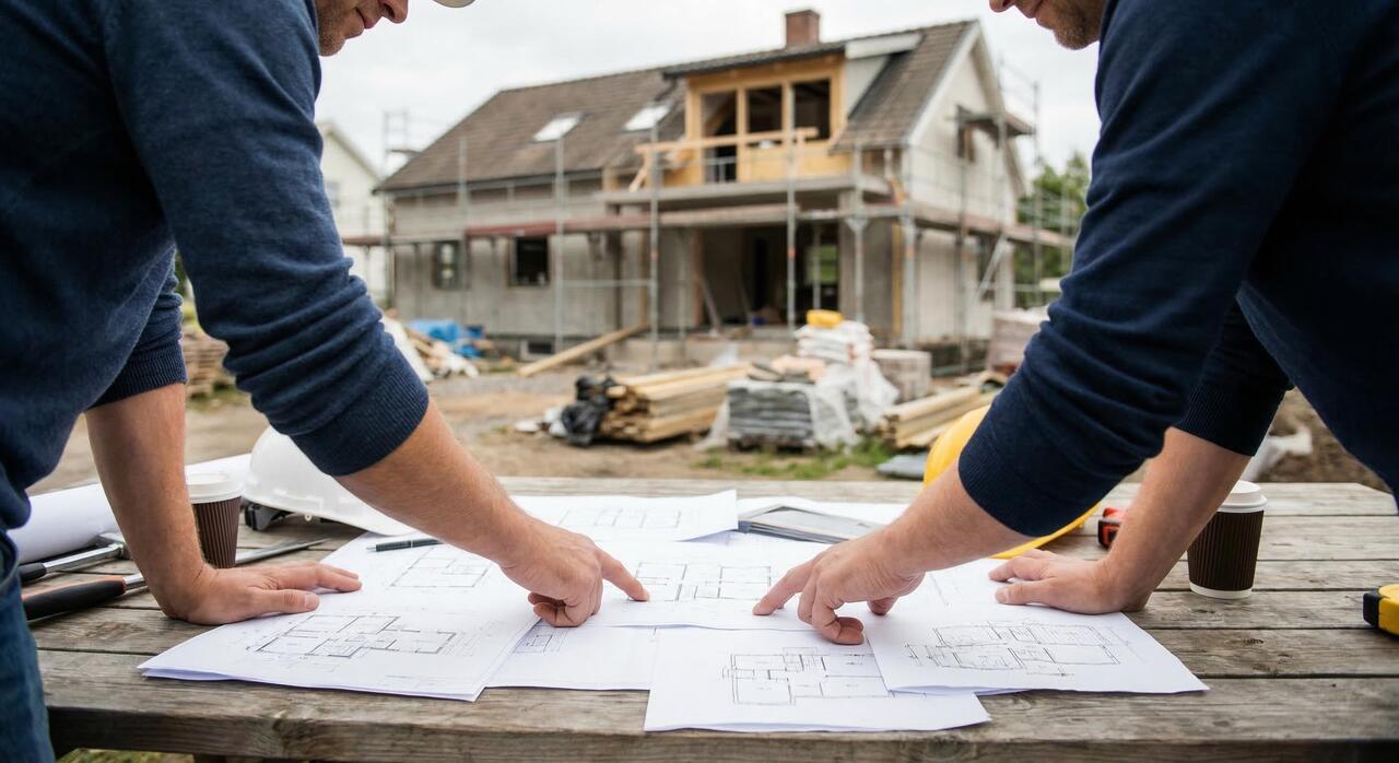 twee bouwvakkers die samen naar renovatie plan kijken 