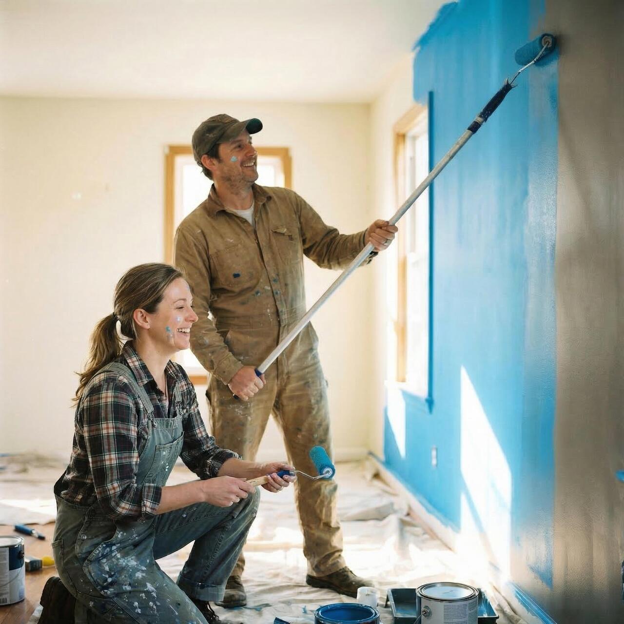 koppel dat samen de muur aan het schilderen is