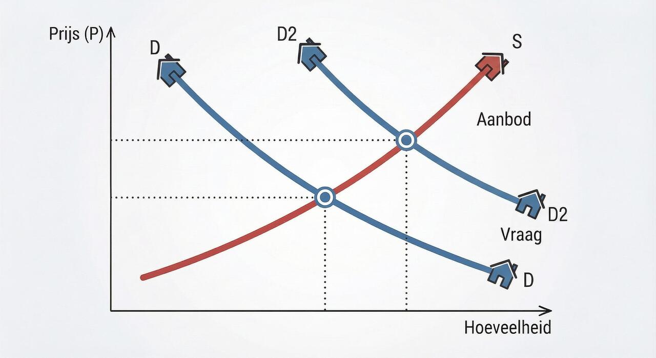 Vraag aanbod curver met verschuiving naar prijsstijging 